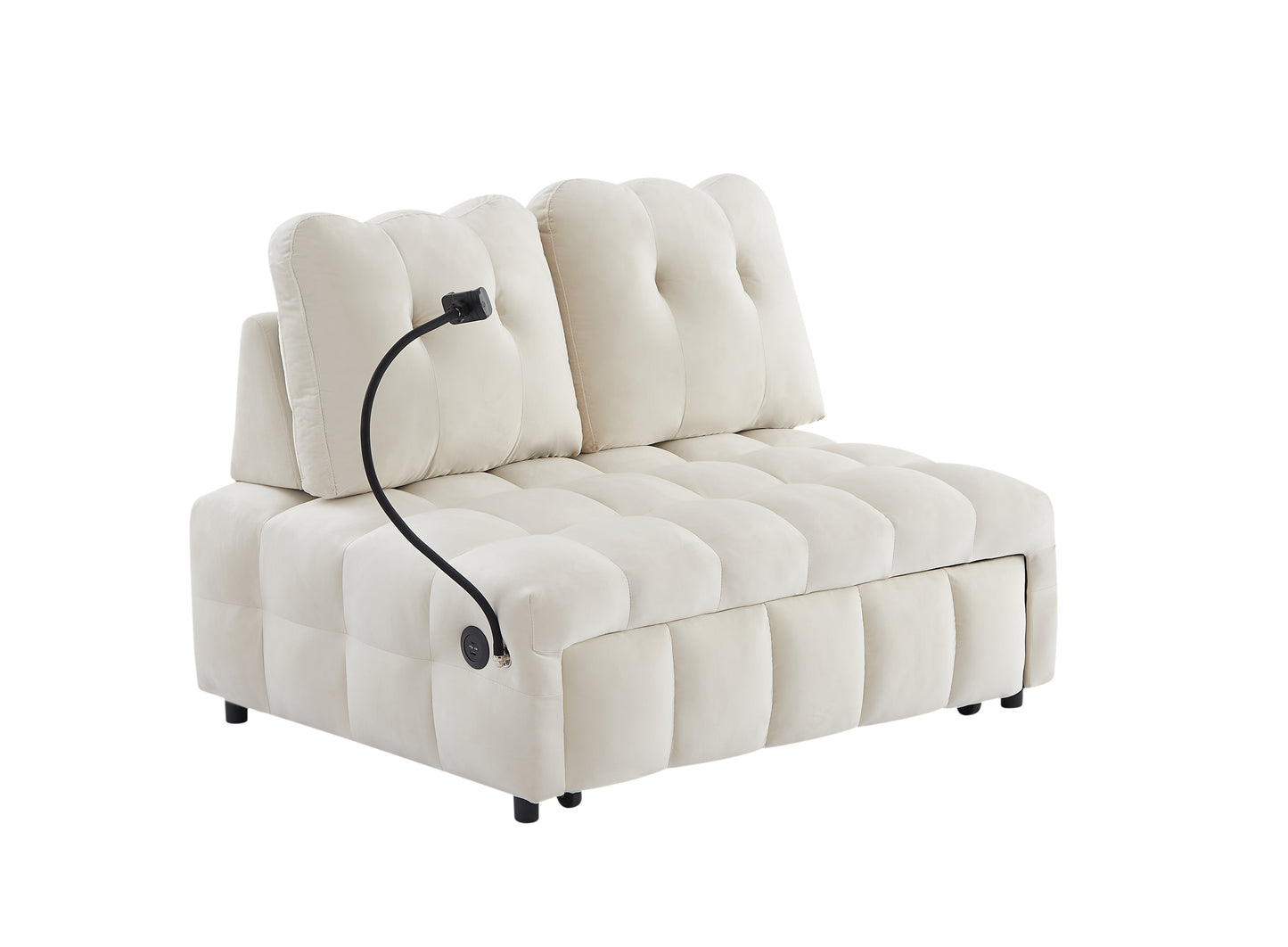 Sofá cama moderno de terciopelo con respaldo extraíble, puerto USB y soporte giratorio para teléfono, color beige