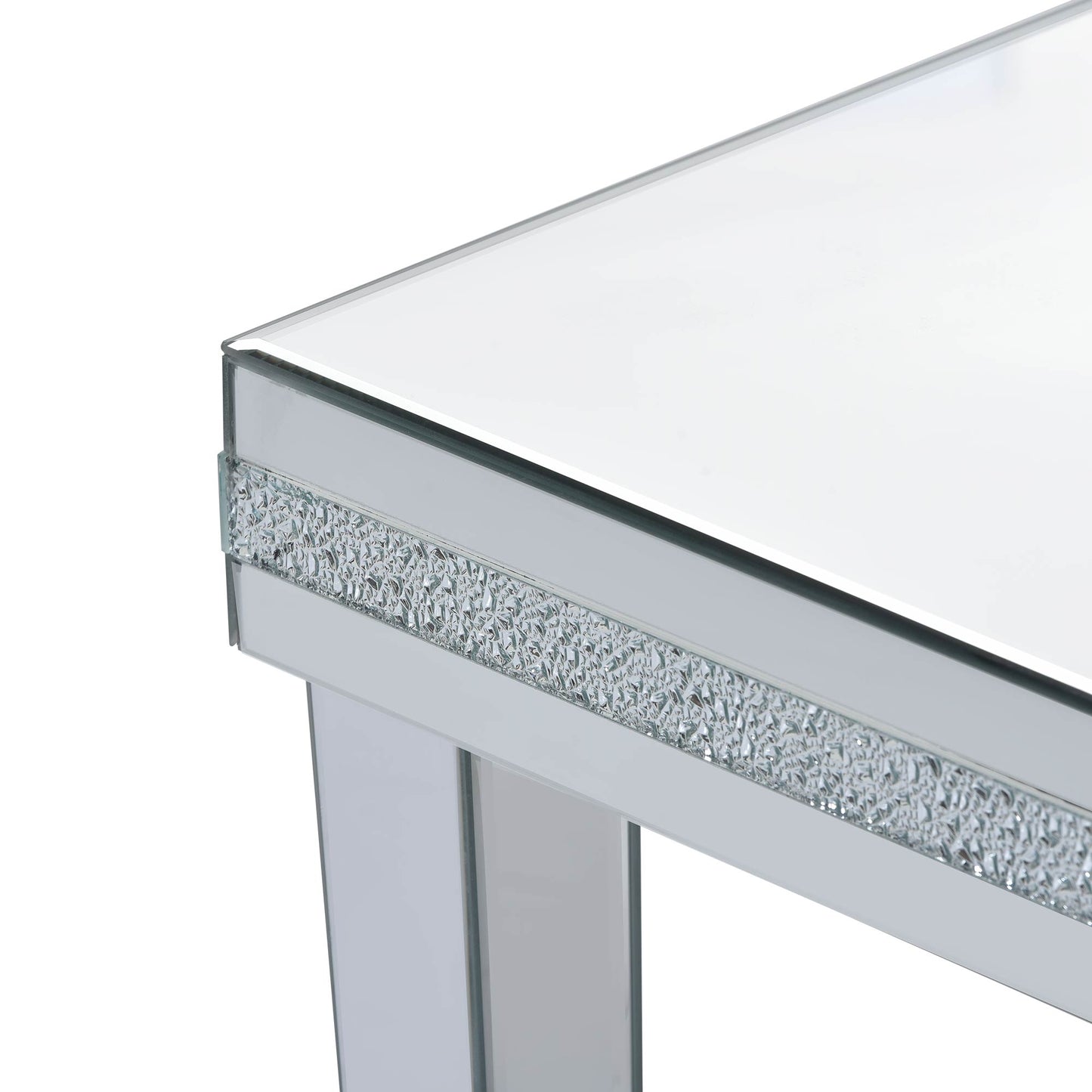 ON-TRANS Stylish Modern Glass Mirrored Coffee Table with Crystal Design and Adjustable Height Legs, Silver Finish