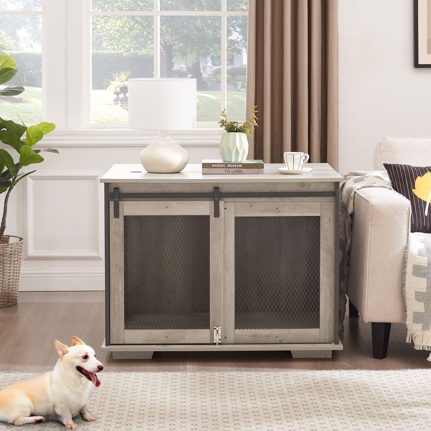 Farmhouse Dog Cage Crate Furniture with Sliding Barn Door, Farmhouse Wooden Dog Kennel End Table with Flip-top Plate Dog House