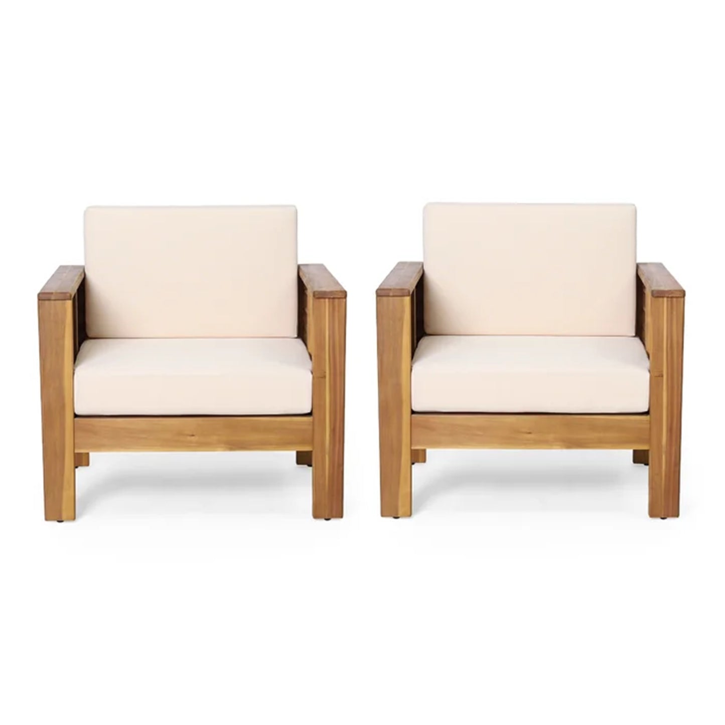 Outdoor Acacia Wood Club Chairs with Cushions, Teak+Beige