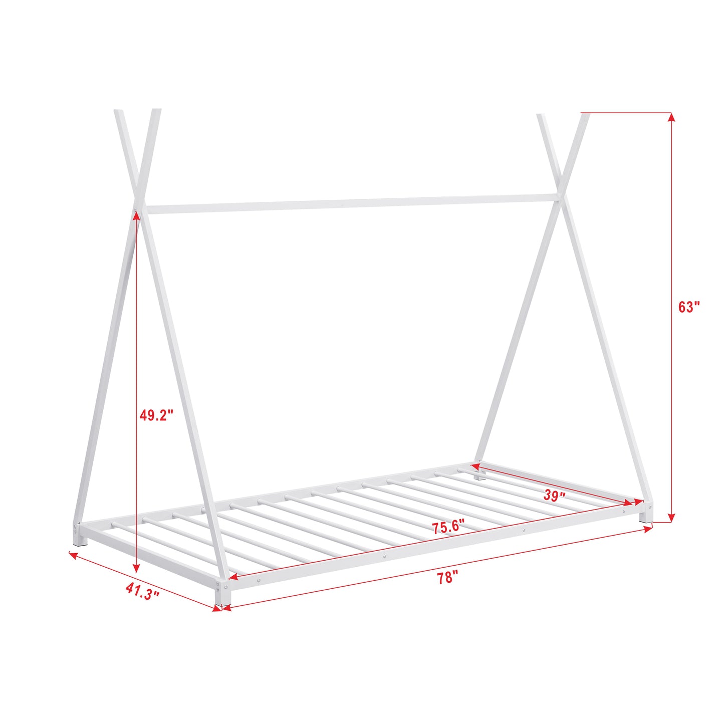 Metal Twin Size House Platform Bed with Triangle Structure  White