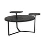 Modern coffee table with two display shelves, Black Faux marble surfaces, Tripod-inspired base,Rounded tabletop edges