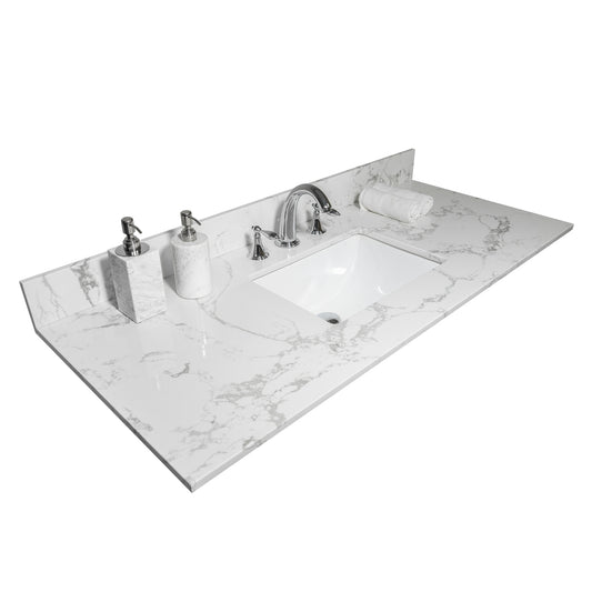 Encimera de piedra para baño Montary de 43 x 22 pulgadas, mármol blanco de Carrara diseñado con lavabo de cerámica bajo encimera y 3 orificios para grifo