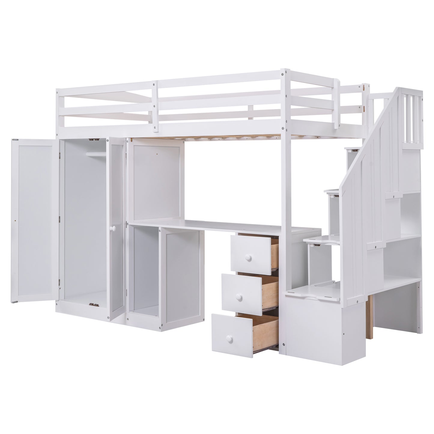 Twin Size Loft Bed with Wardrobe and Staircase, Desk and Storage Drawers and Cabinet in 1  White