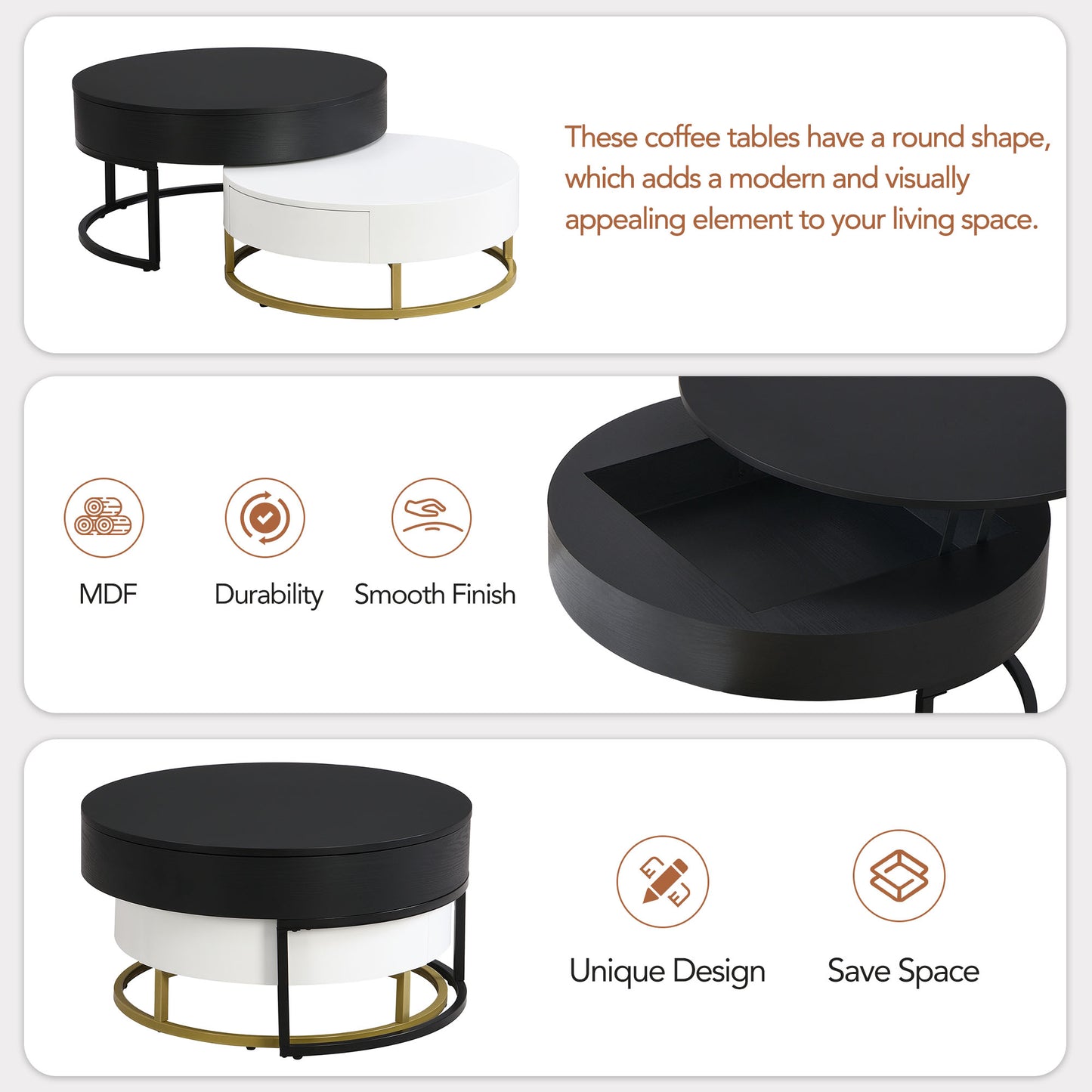 Modern Round Lift-Top Nesting Coffee Tables with 2 Drawers, White and Black Finish