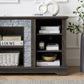 Mantel Stone modern entertainment console, manually stacked stone surrounds open storage space, gray