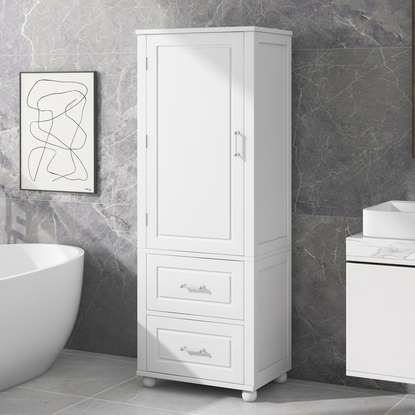 Tall Bathroom Storage Cabinet with 2 Drawers and Adjustable Shelf, White MDF Board Design