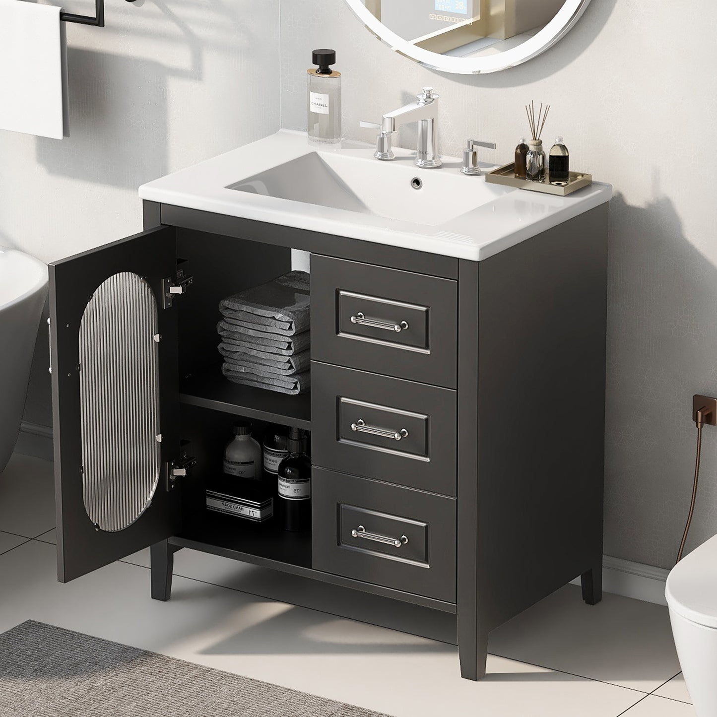 Bathroom Vanity with Sink, Bathroom Vanity Cabinet with Two Drawers and Door, Adjustable Shelf, Solid Wood and MDF, Black