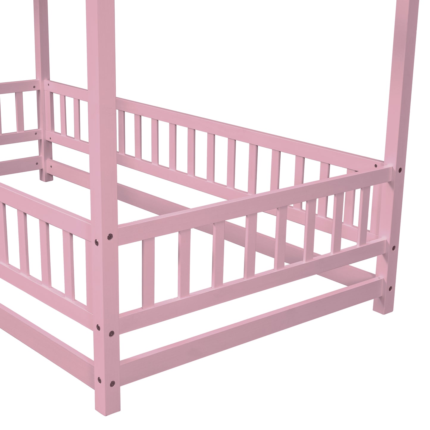 Twin Size Floor Wooden Bed with House Roof Frame, Fence Guardrails,Pink