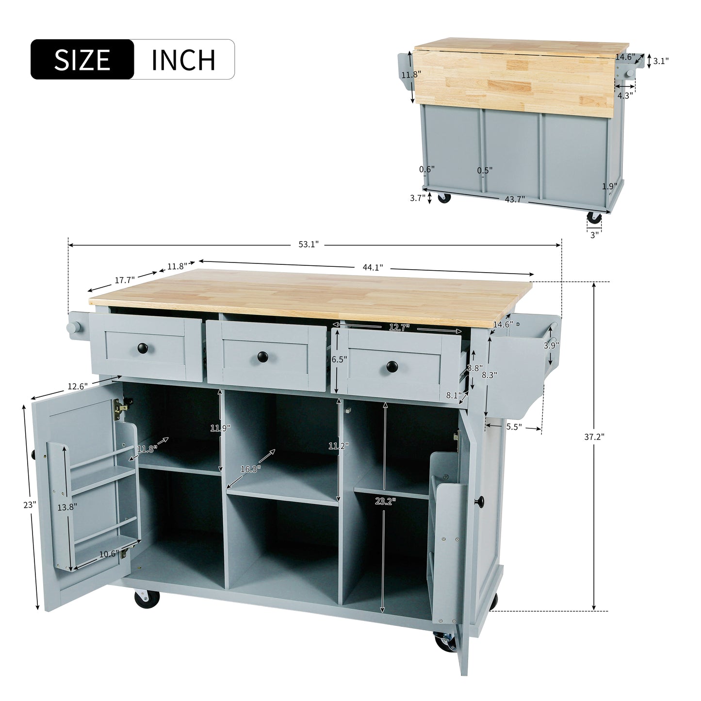 Kitchen handcart with rubber wood leaf countertop, storage cabinet, shelf, and 3 dining room drawers, gray blue