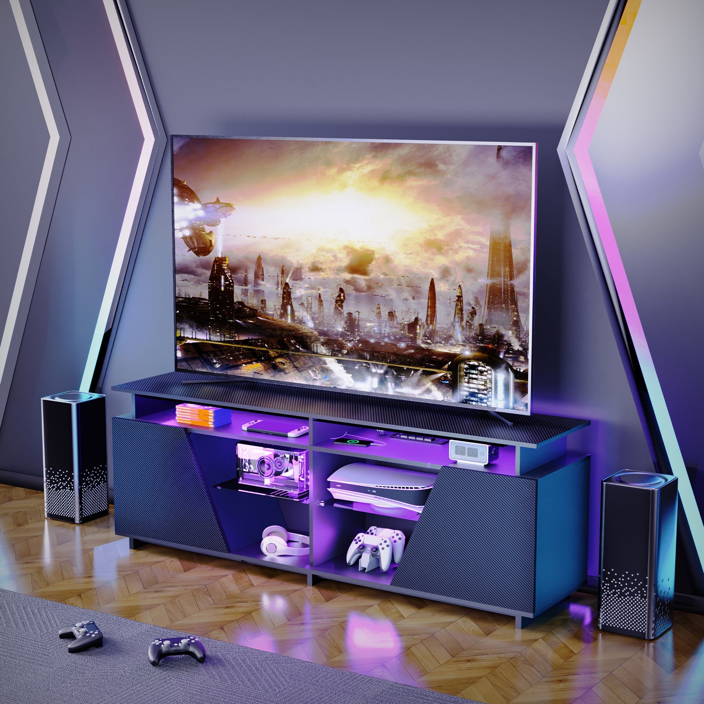 Gaming TV Stand for PS5 with Power Outlet,for TVs 75 inch and Below,LED Entertainment Center,Suitable for Living Room,Bedroom