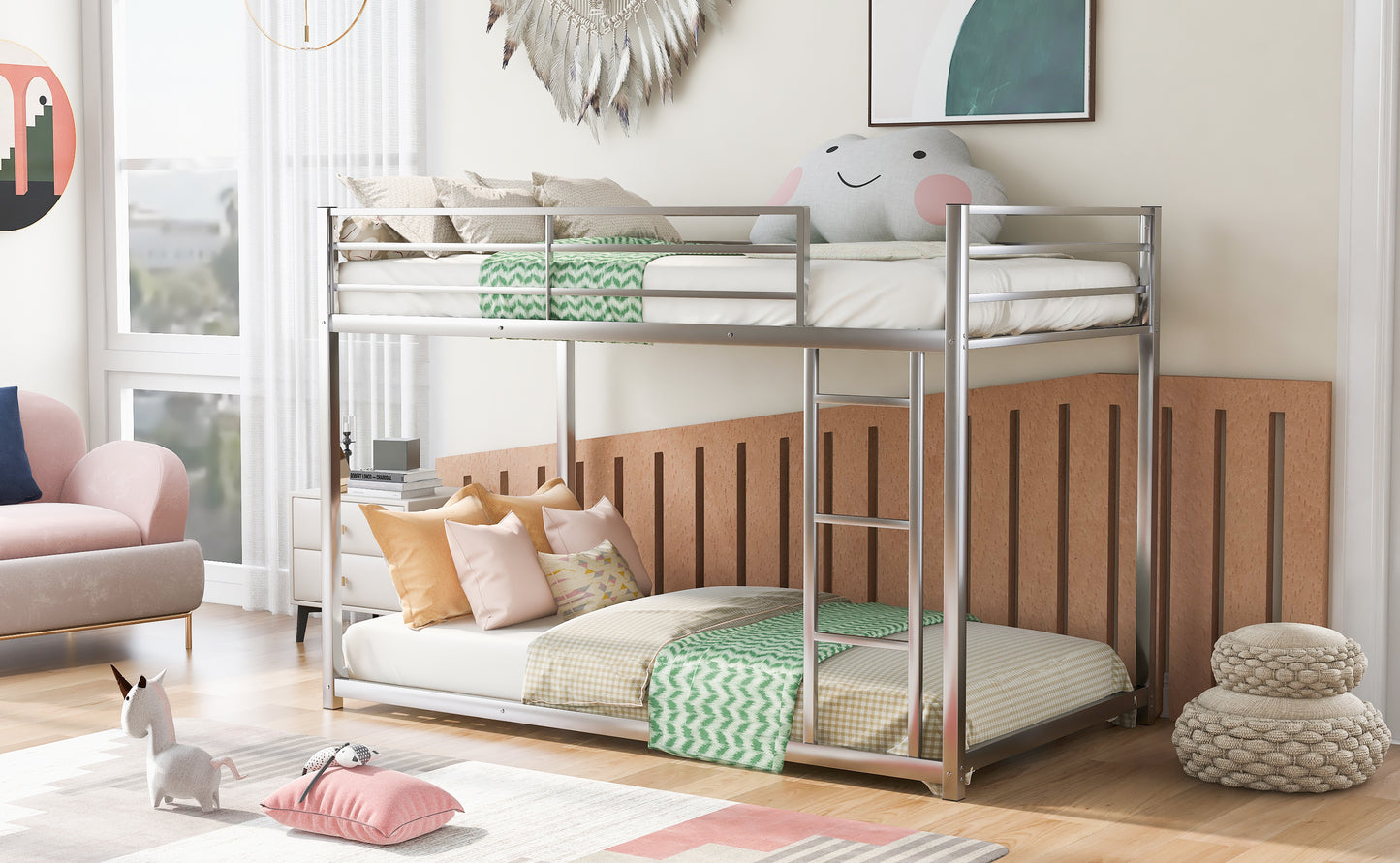 Twin over Twin Metal Bunk Bed, Low Bunk Bed with Ladder Silver