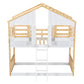 Twin over Twin House Bunk Bed with Roof , Window, Window Box, Door , with Safety Guardrails and Ladder, Natural/White