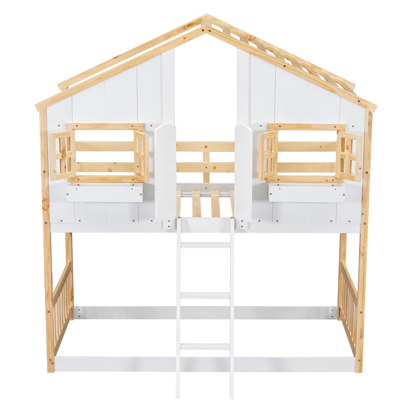 Twin over Twin House Bunk Bed with Roof , Window, Window Box, Door , with Safety Guardrails and Ladder, Natural/White