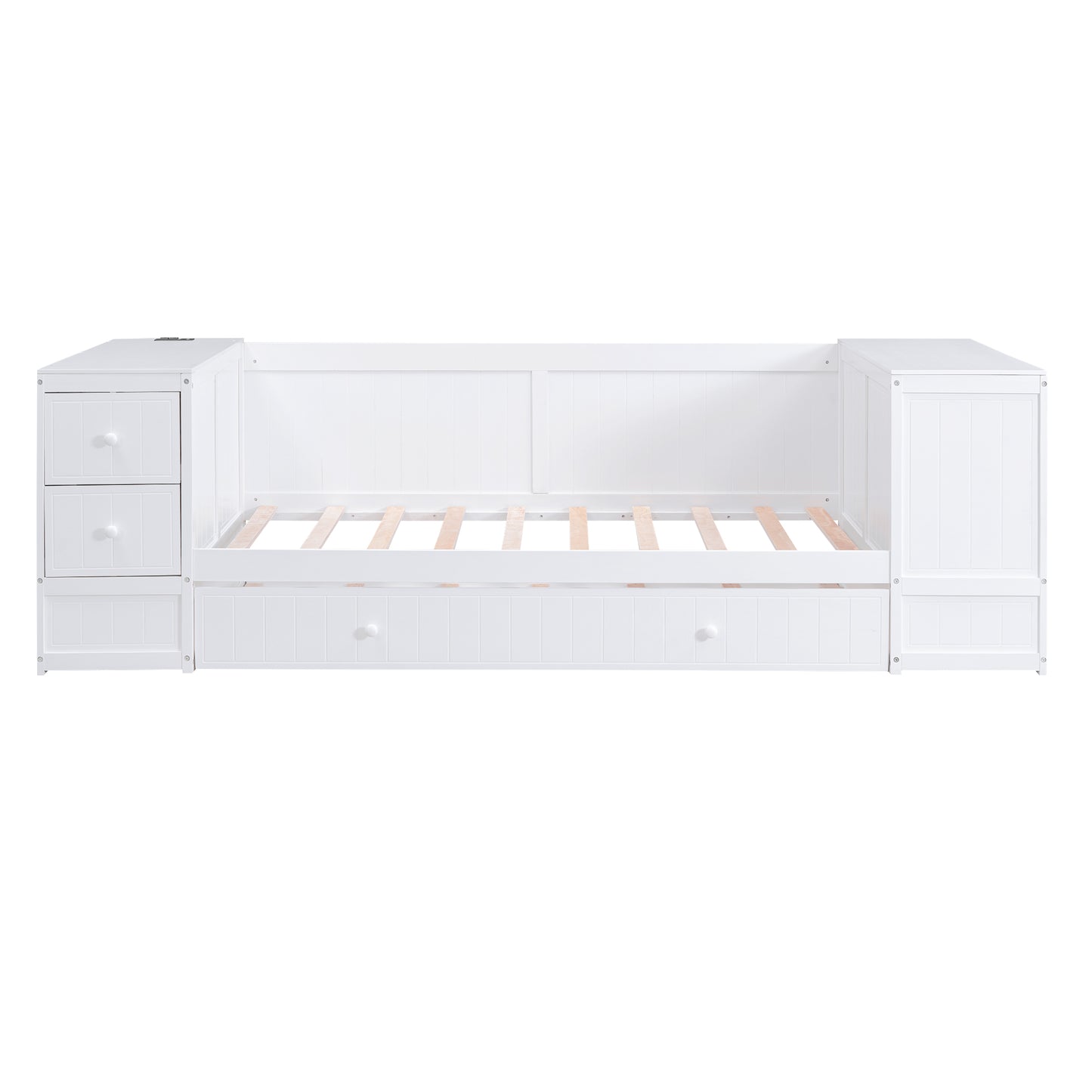 Twin Size Daybed with Storage Arms  Trundle and Charging Station White