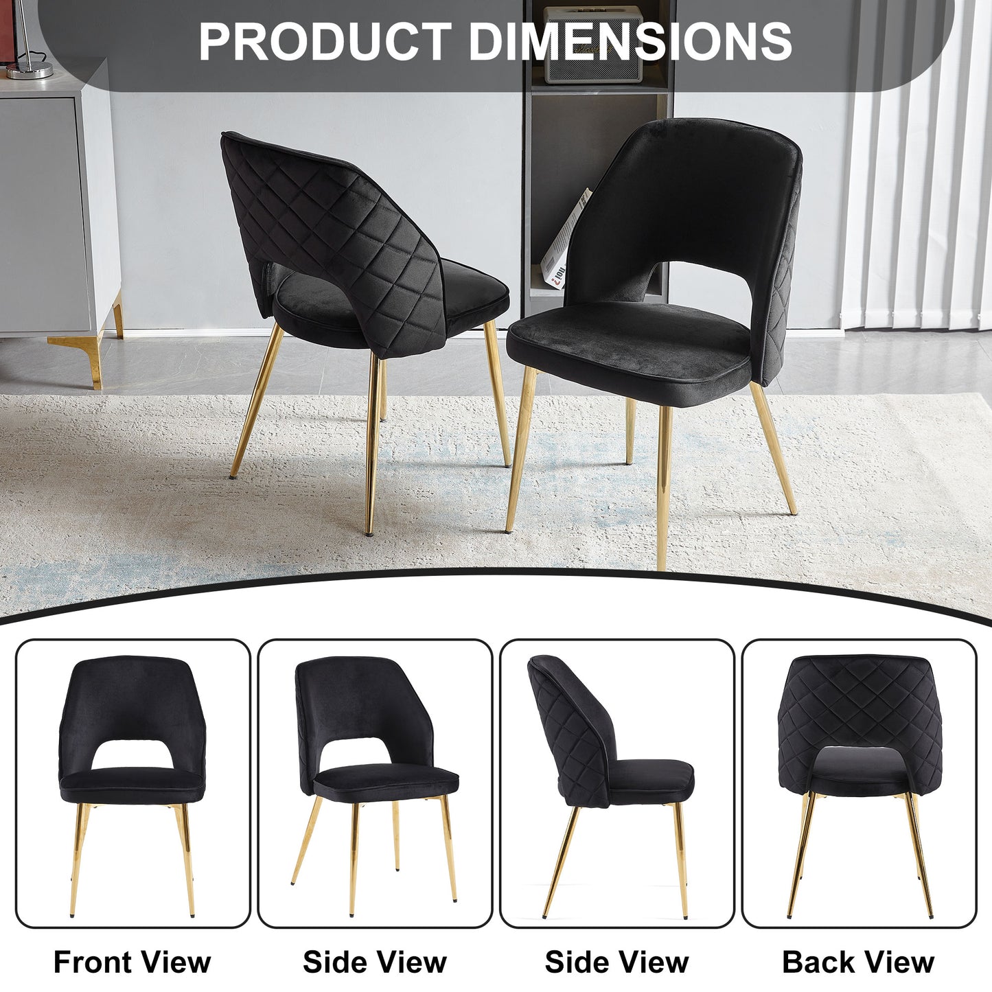 Black Velvet Dining Chairs with Metal Legs and Hollow Back, Set of 4 for Modern Dining Rooms