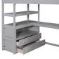 Twin Size Loft Bed with Desk and Shelves Two Built-in Drawers, Storage Staircase Gray