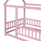 Twin Size Floor Wooden Bed with House Roof Frame, Fence Guardrails,Pink