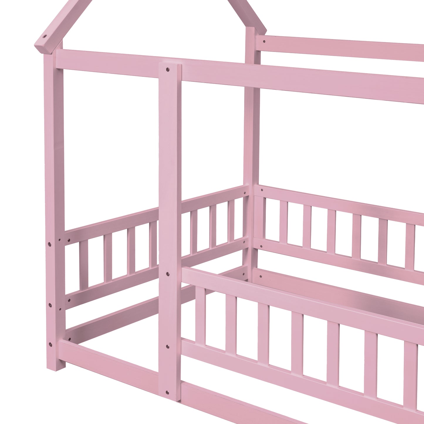 Twin Size Floor Wooden Bed with House Roof Frame, Fence Guardrails,Pink