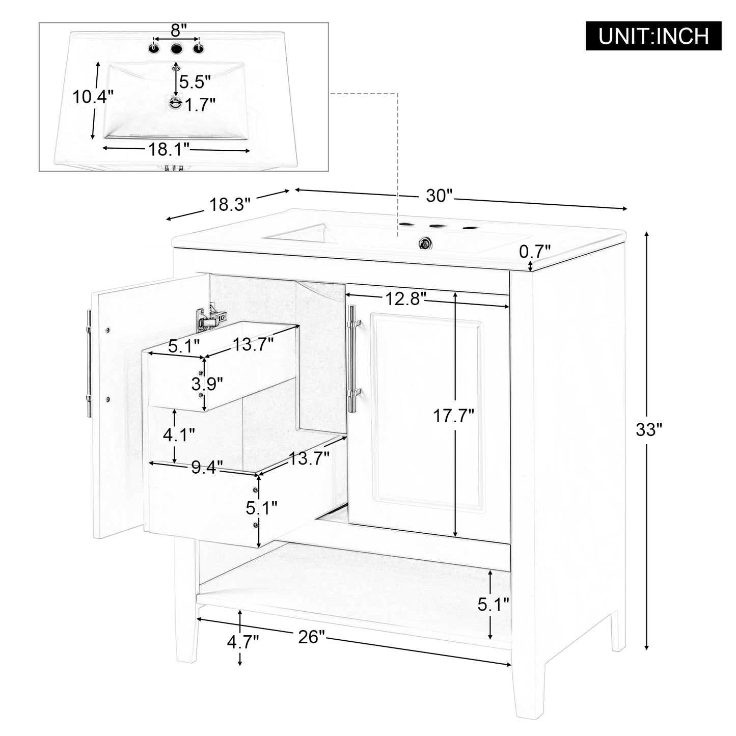 Bathroom Vanity with Sink, Multi-functional Bathroom Cabinet with Doors and Drawers, Solid Frame and MDF Board, Grey