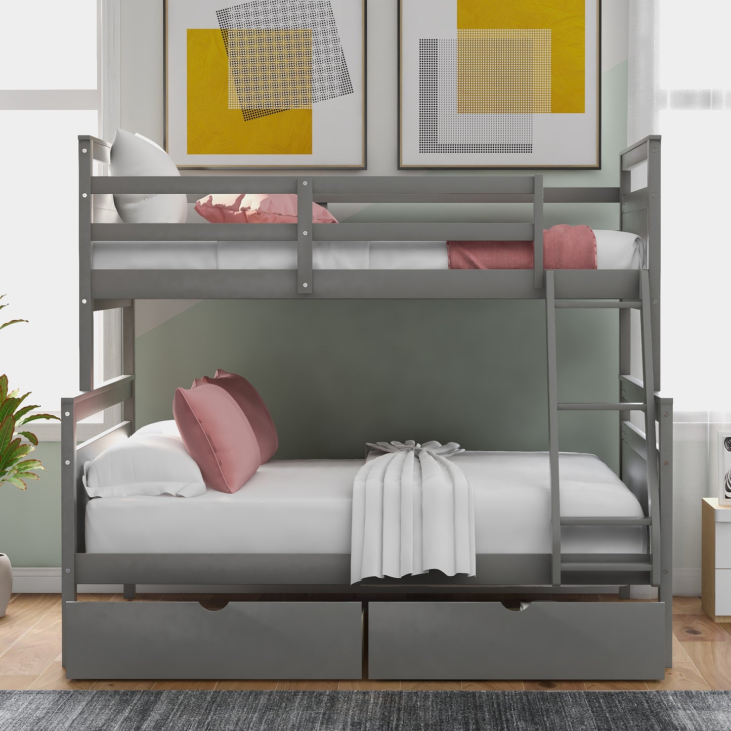 Twin over Full Bunk Bed with Ladder Two Storage Drawers  Safety Guardrail  Gray