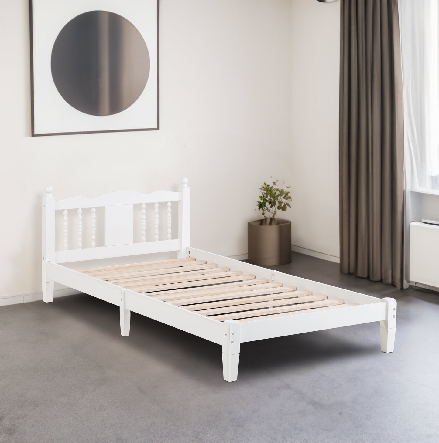 Twin Bed with Column-Decoration Headboard, with Bed Slats,White