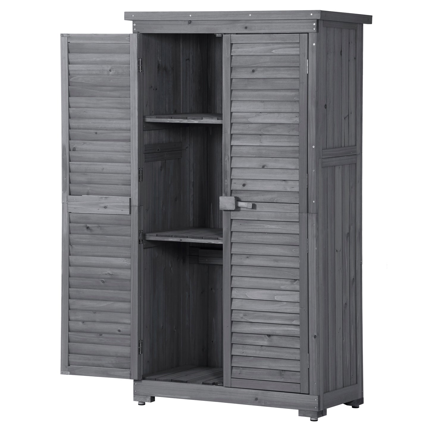 Wooden Garden Shed with 3-Tier Patio Storage, Outdoor Organizer with Fir Wood Shutter Design, Gray