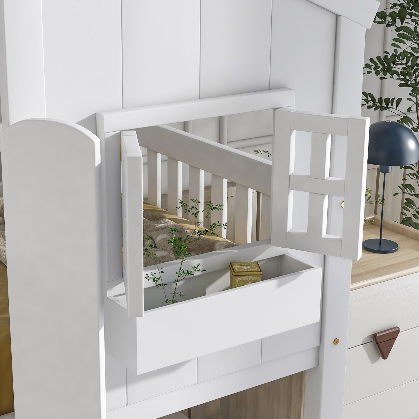 Twin over Twin House Bunk Bed with Roof , Window, Window Box, Door , with Safety Guardrails and Ladder,White