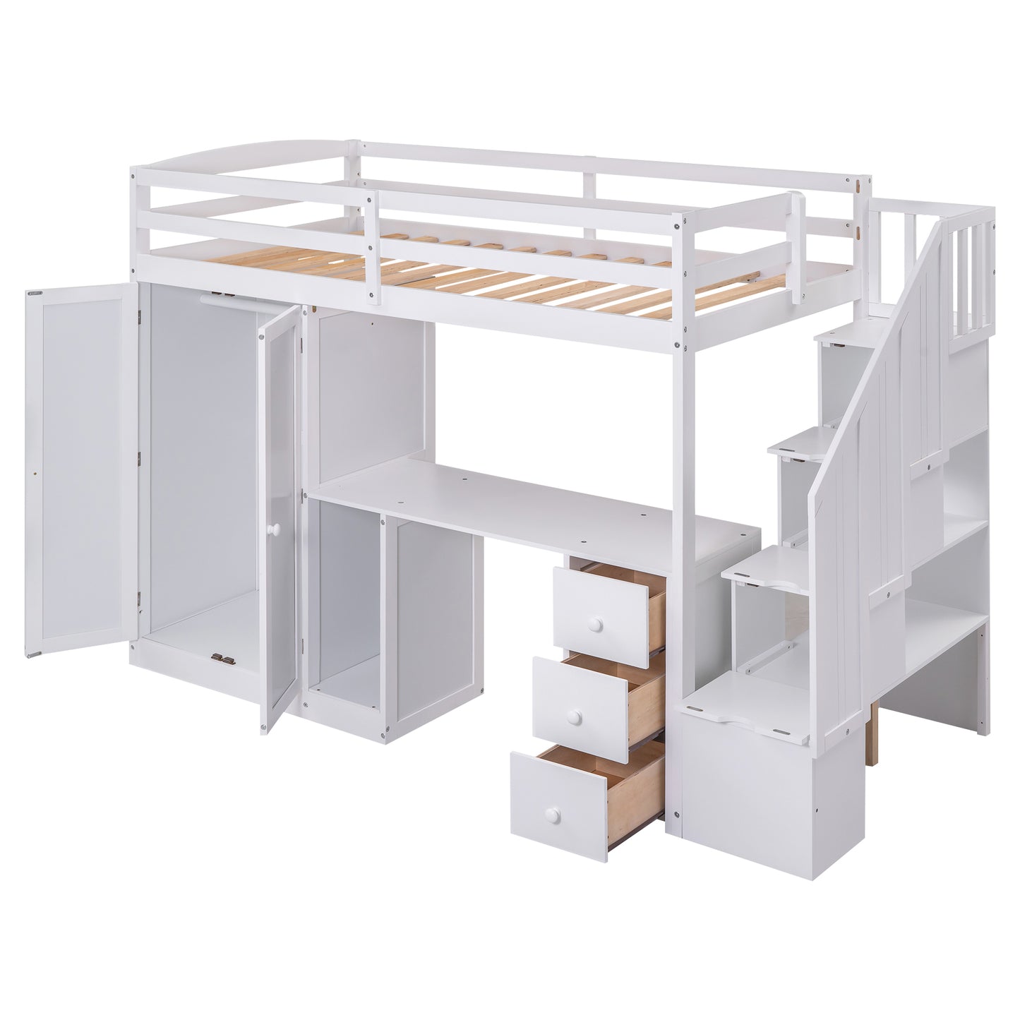 Twin Size Loft Bed with Wardrobe and Staircase, Desk and Storage Drawers and Cabinet in 1  White