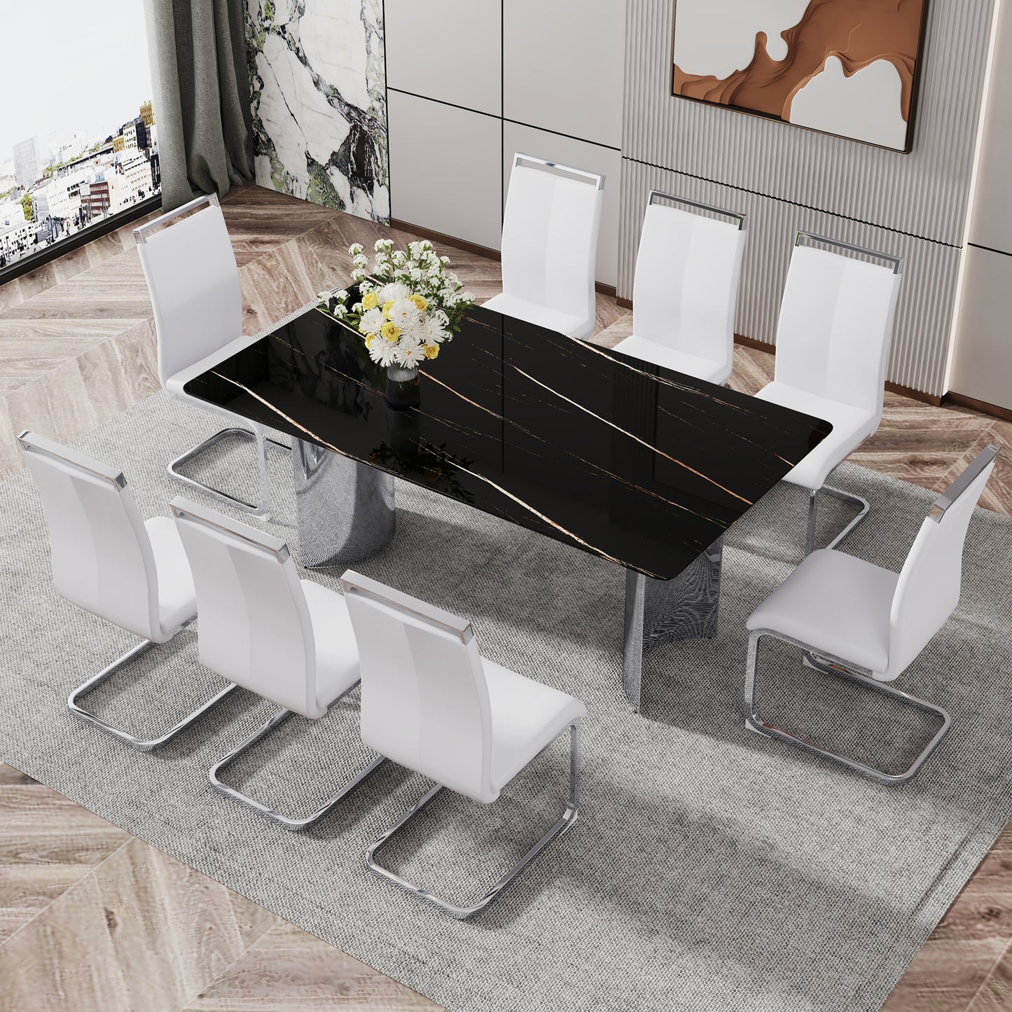 Modern minimalist dining table The black imitation marble glass desktop is equipped with silver metal legs