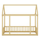 Twin Size Floor Wooden Bed with House Roof Frame and Safety Guardrails,Natural