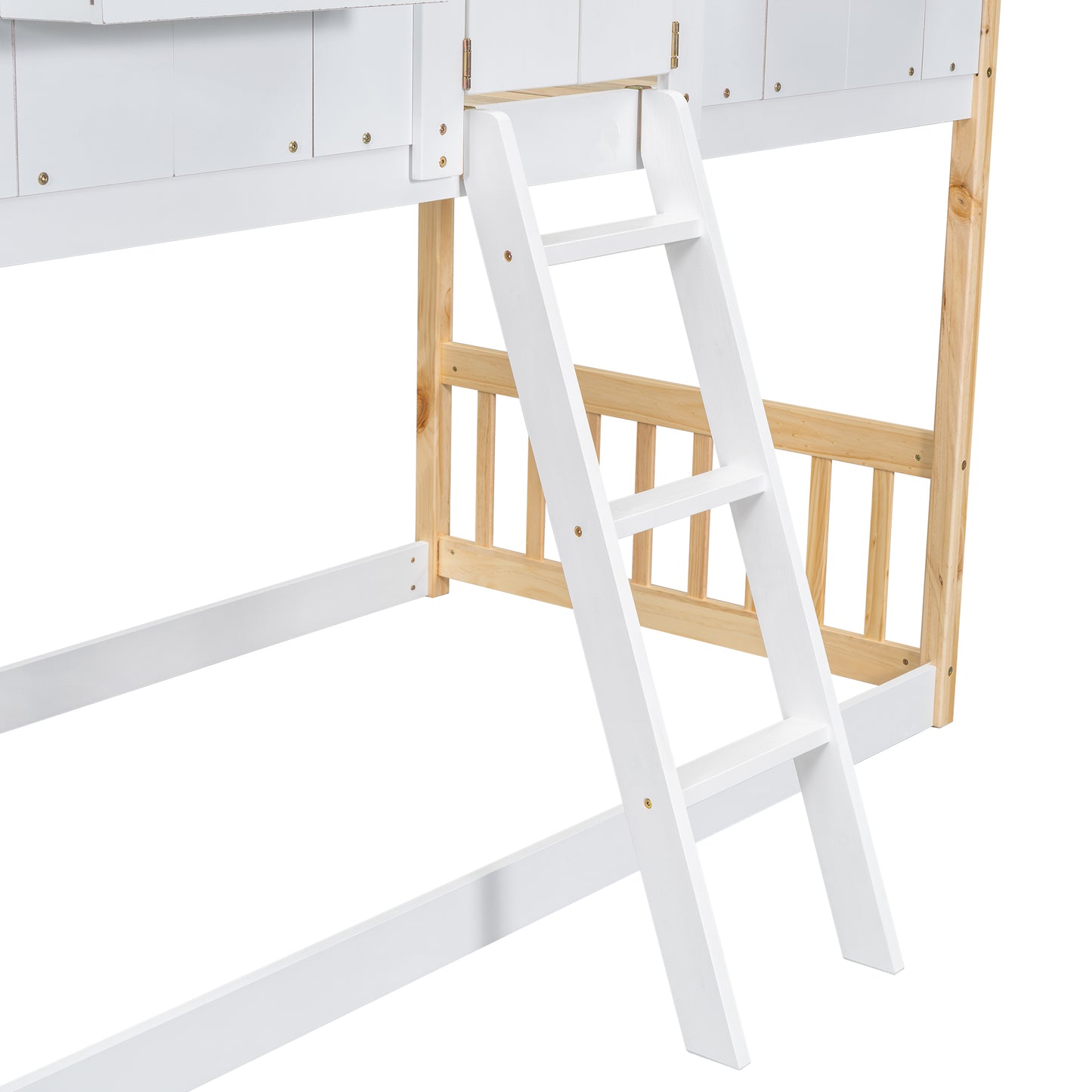 Twin over Twin House Bunk Bed with Roof , Window, Window Box, Door , with Safety Guardrails and Ladder, Natural/White