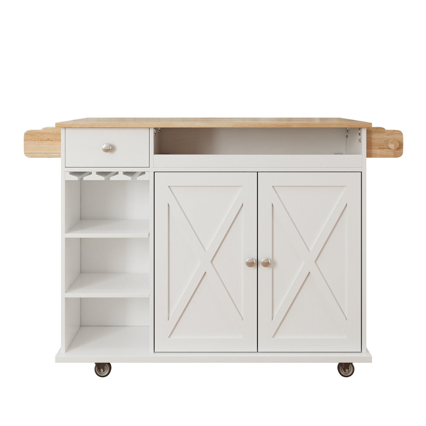 44 Inch Kitchen Island Cart with Solid Wood Top, Wine Storage, Spice Rack, Towel Rack, Wine Glass Holder White & Oak