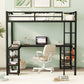 Full Metal Loft Bed with Desk and Shelves, Loft Bed with Ladder and Guardrails, Loft Bed Frame for Bedroom, Black