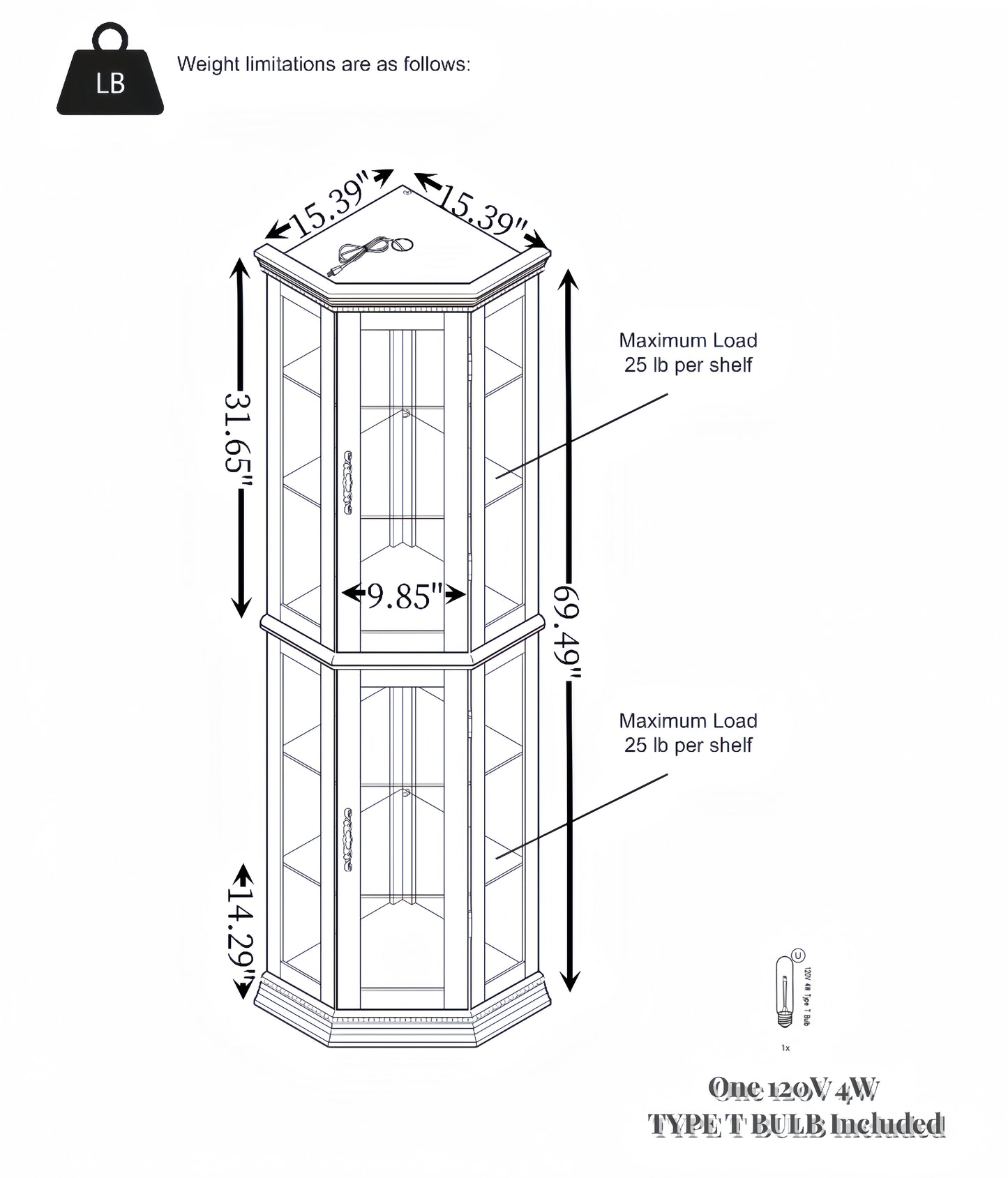 Corner Curio cabinet with illuminated glass display stand and tempered glass door, with adjustable bracket and light bulb