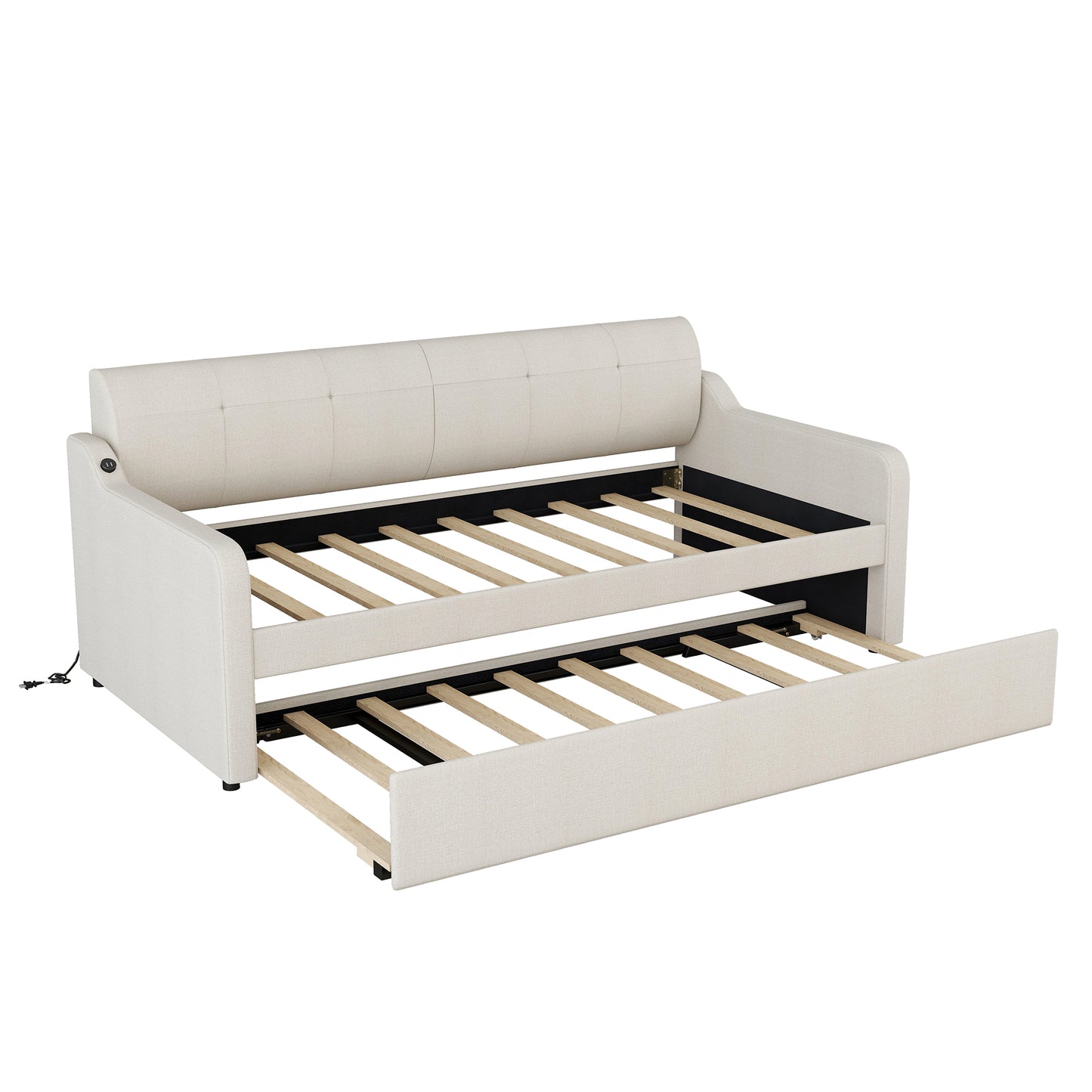 Sofá cama tapizado tamaño twin con diseño de nido y carga USB, acabado beige