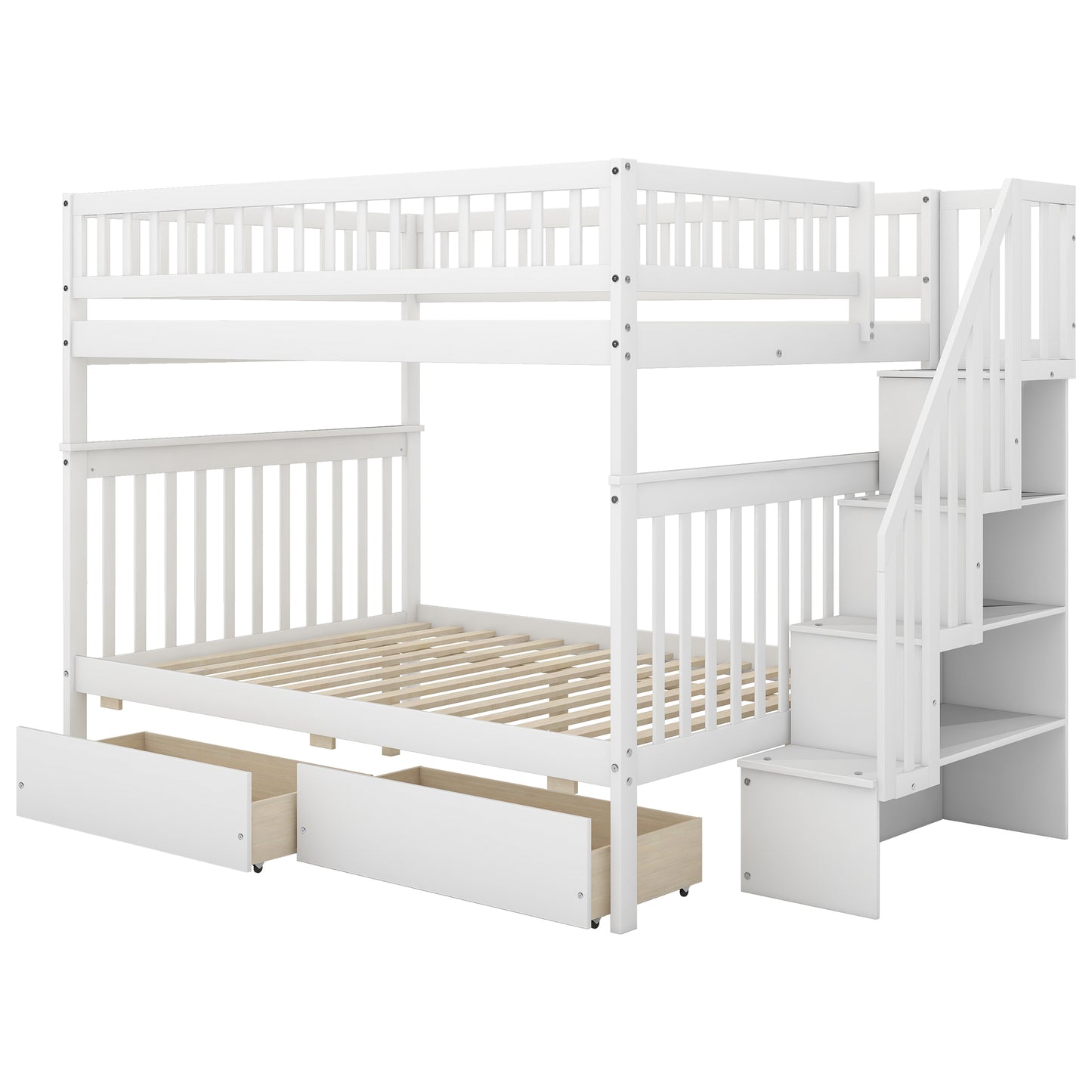 Full over Full Bunk Bed with Two Drawers and Storage White