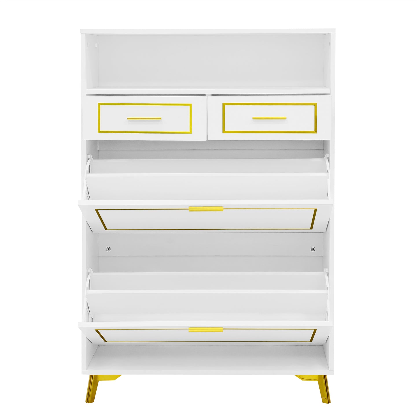 U-Can Shoe Cabinet with 2 Flip Drawers, 2 Slide Drawers, and 1 Shelf, Modern White Finish