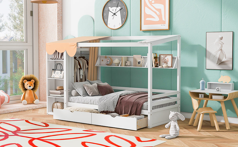 Twin size House Bed with Two Drawers and Wardrobe,White