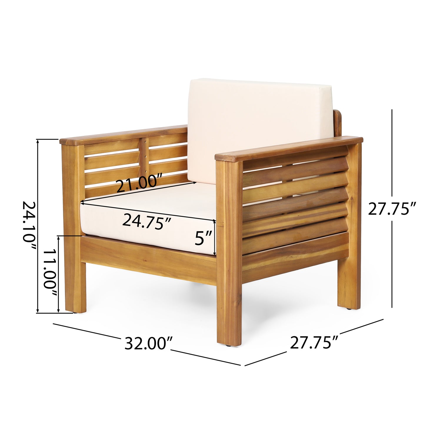 Outdoor Acacia Wood Club Chairs with Cushions, Teak and Beige Finish, Perfect for Patios