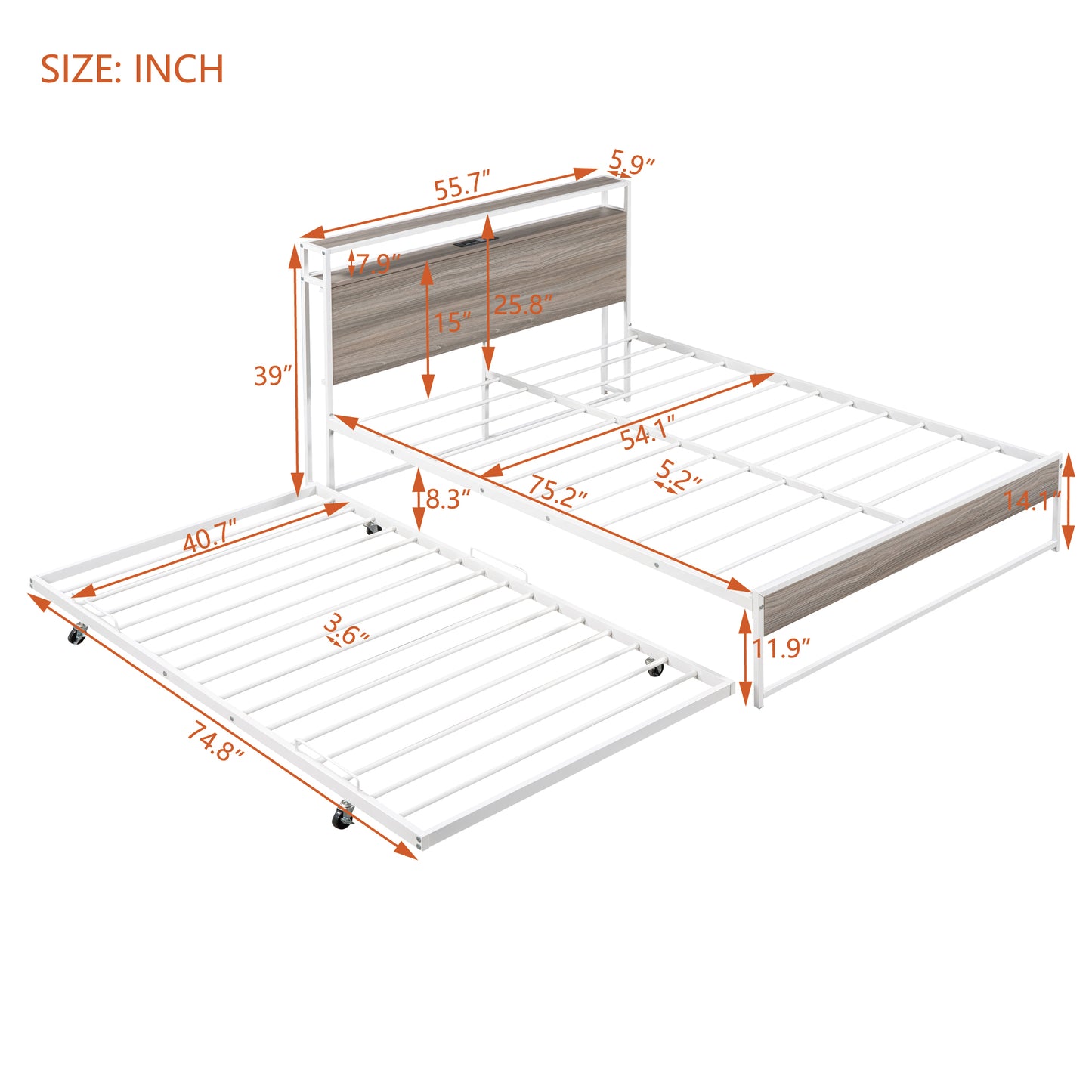 Full Size Metal Platform Bed Frame with Trundle, USB Ports and Slat Support No Box Spring Needed White