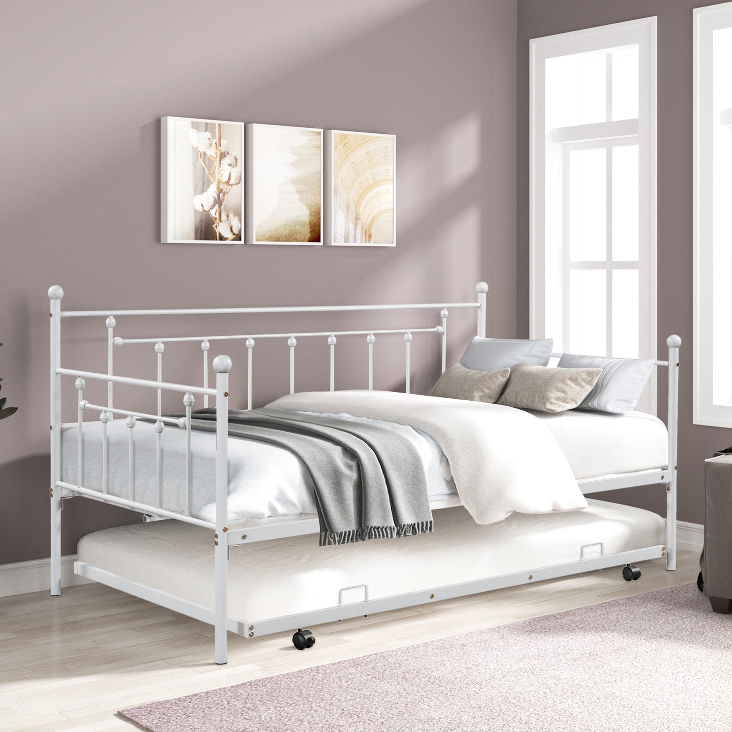 Metal double bed with ear shaft/sturdy/noise reduction/flexible ear shaft/retro style/no need for spring box (LIGHT GREY)