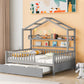 Wooden Full Size House Bed with Twin Size Trundle Kids Bed with Shelf Gray