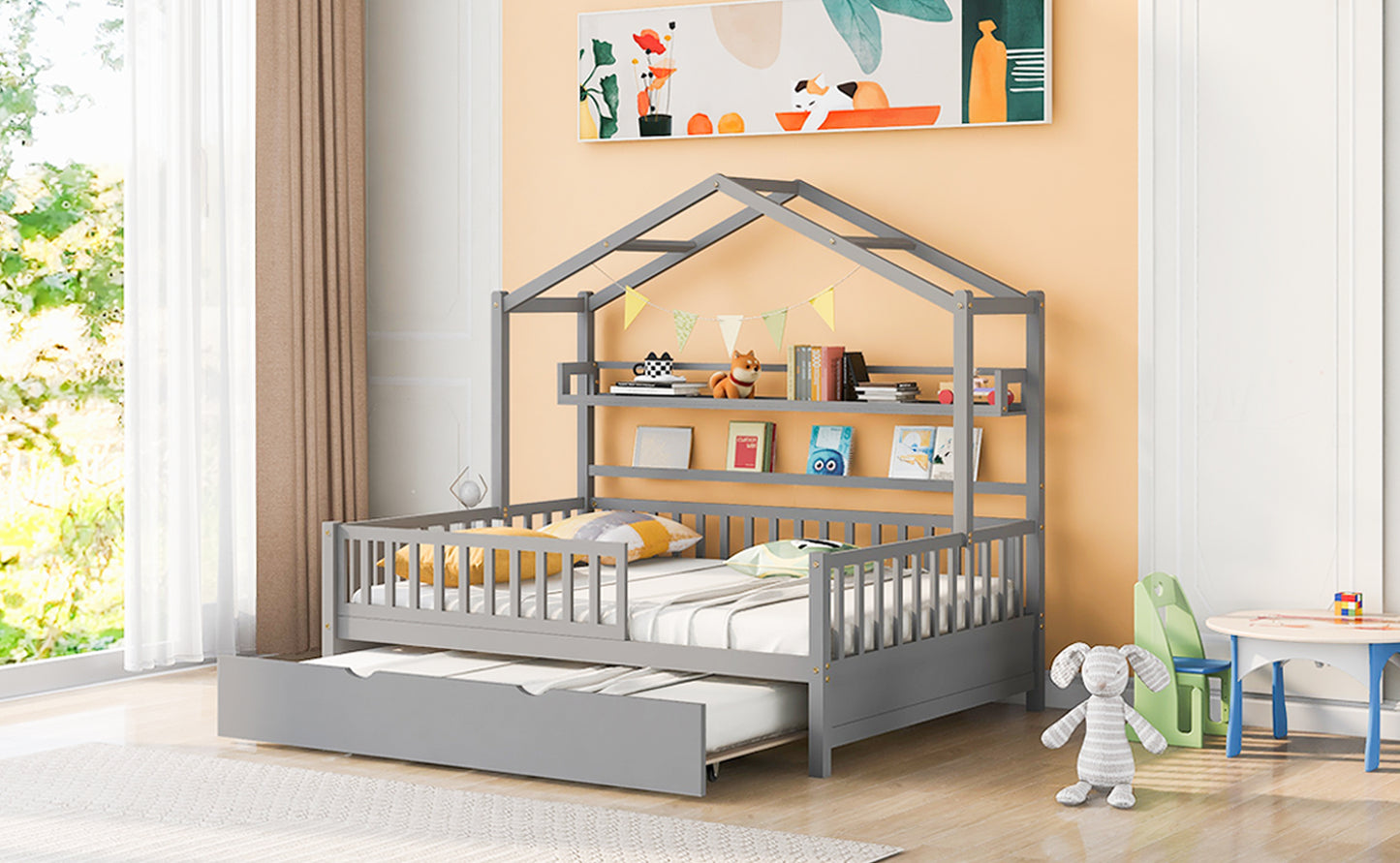 Wooden Full Size House Bed with Twin Size Trundle Kids Bed with Shelf Gray