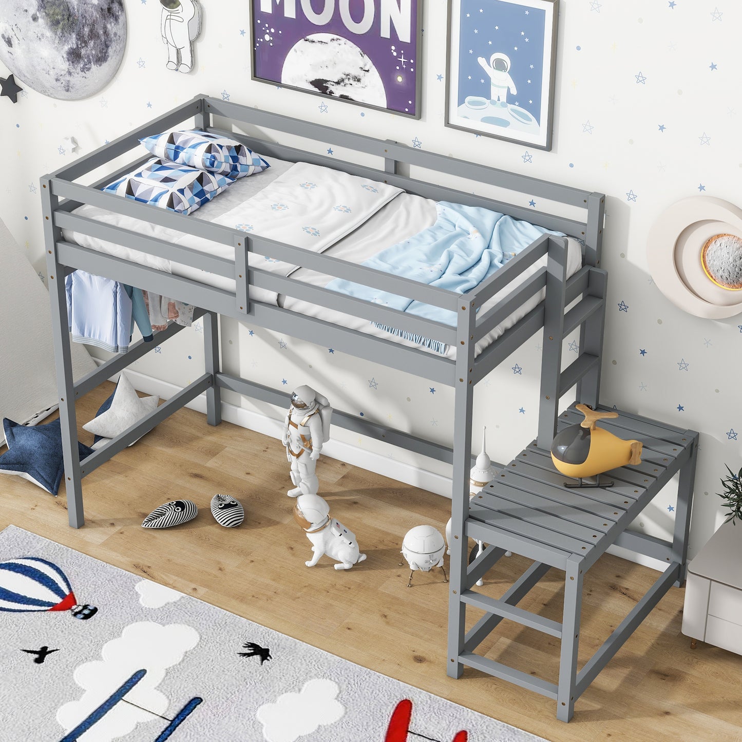 Twin High Loft Bed with Ladder landing Platform, Ladders, Guardrails,Grey