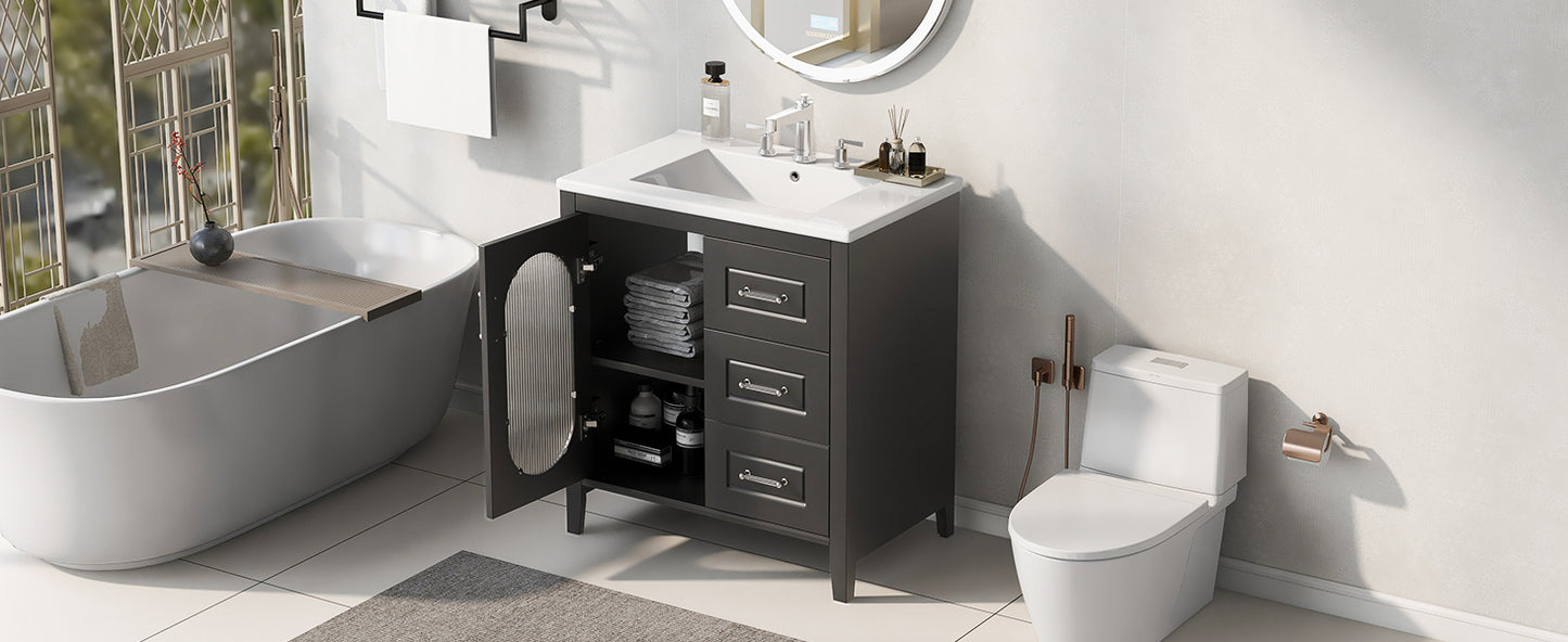 Bathroom Vanity with Sink, Bathroom Vanity Cabinet with Two Drawers and Door, Adjustable Shelf, Solid Wood and MDF, Black