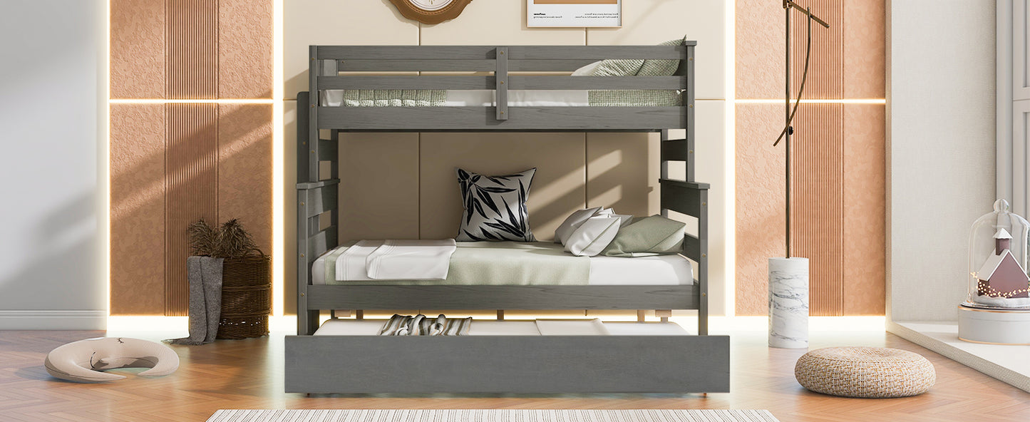 Wood Twin over Full Bunk Bed with Twin Size Trundle  Gray