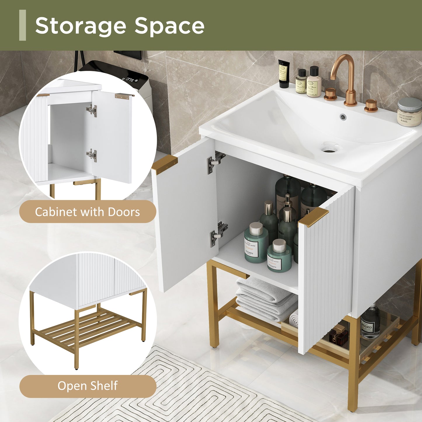 Bathroom Vanity with Sink, Bathroom Vanity Cabinet with Two Doors and Gold Metal Frame, Open Storage Shelf, White