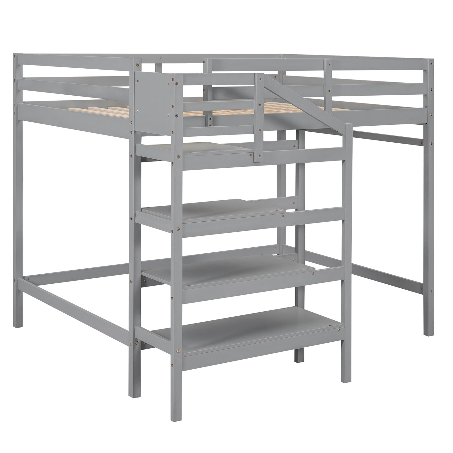 Full Size Loft Bed with Built-in Storage Staircase and Hanger for Clothes, Gray