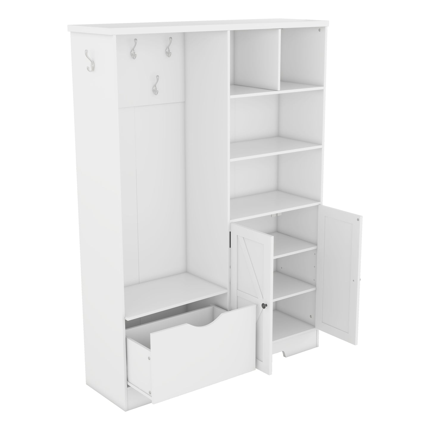 Multi-functional Hall Tree with Storage Shelves Drawers Cabinet Elegant Hallway Shoe Cabinet with Bench Modern Coat Rack White